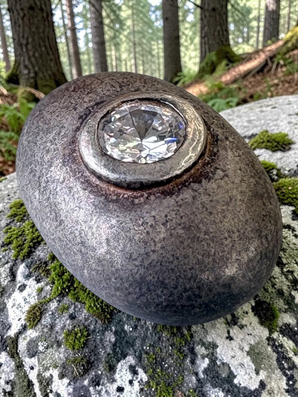 Vintage Silver Clear Stone Sculptural Dome Charm Textured Pebble Form